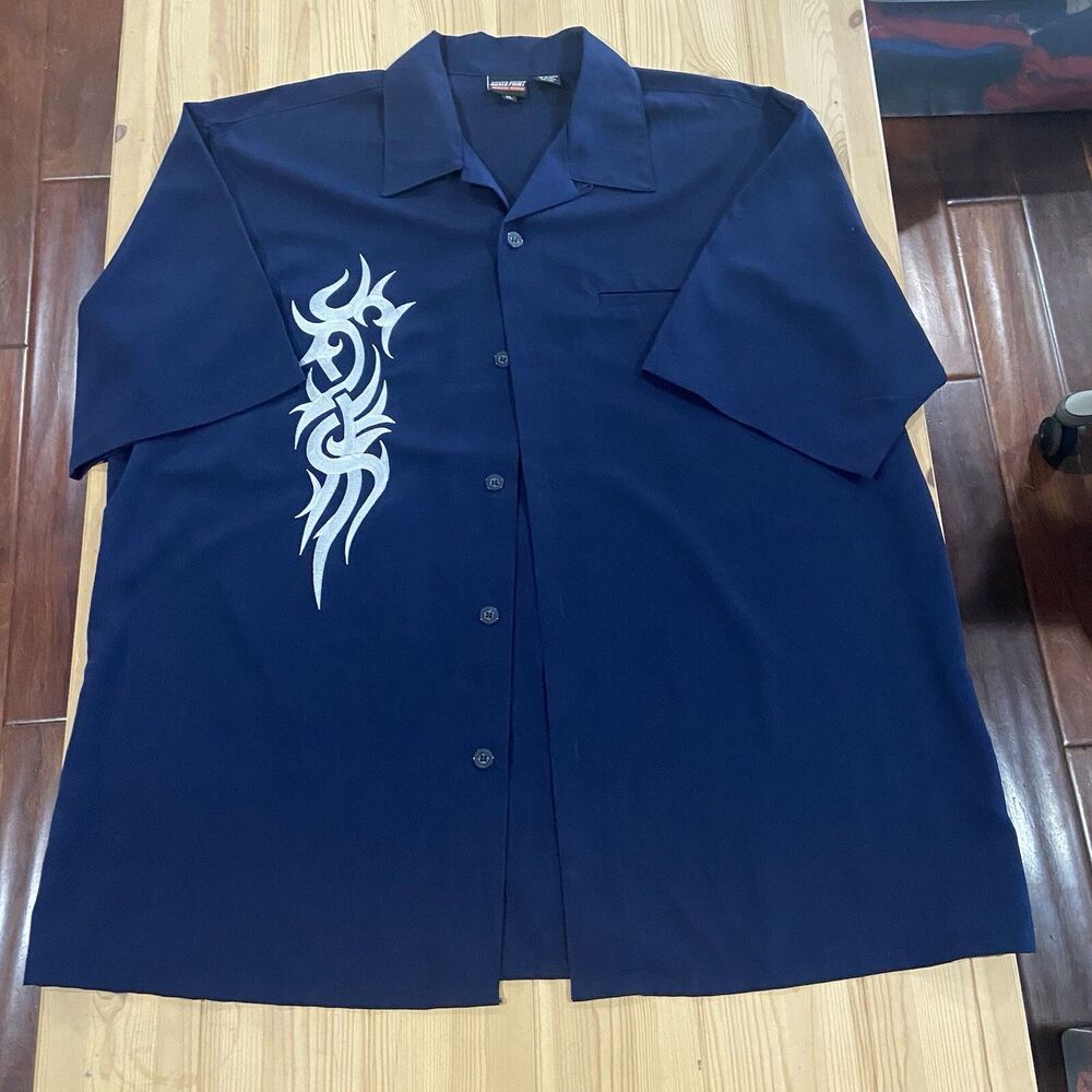 Silver Point Shirt Mens Tribal Embroidered Blue Short Sleeve Button Up Y2K XL